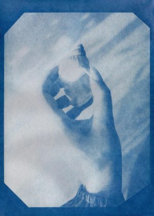 Artistic cyanotype print featuring a hand holding a seashell in blue tones.