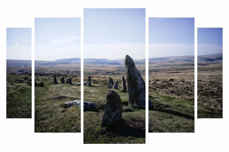 Scorehill Stone Circle stands quietly on the high moor, a weathered ring shaped by time, ritual, and the relentless Dartmoor elements. A print by artist Charles David