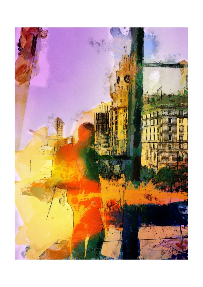 This is the A2 print you will receive. The dark border represents the paper edge only. The Colours of Liverpool - Liver Building Viewed from the Museum of Liverpool is a striking abstract print by artist Charles David