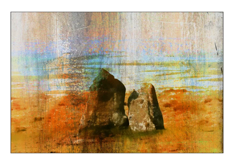 Scorhill Stones is a Painterly Abstract of Scorhill Stone Circle at Gidleigh on Dartmoor. The two stones stand proudly on the high moor, amongst a weathered ring shaped by time, ritual, and the relentless Dartmoor elements. An abstract print by artist Charles David