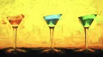 This vibrant artwork celebrates happy hour with three colourful cocktails glowing against a bold yellow backdrop. A digital painting by Charles David