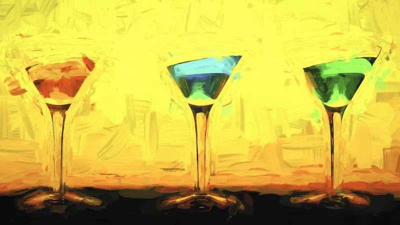 This vibrant artwork celebrates happy hour with three colourful cocktails glowing against a bold yellow backdrop. A digital painting by Charles David