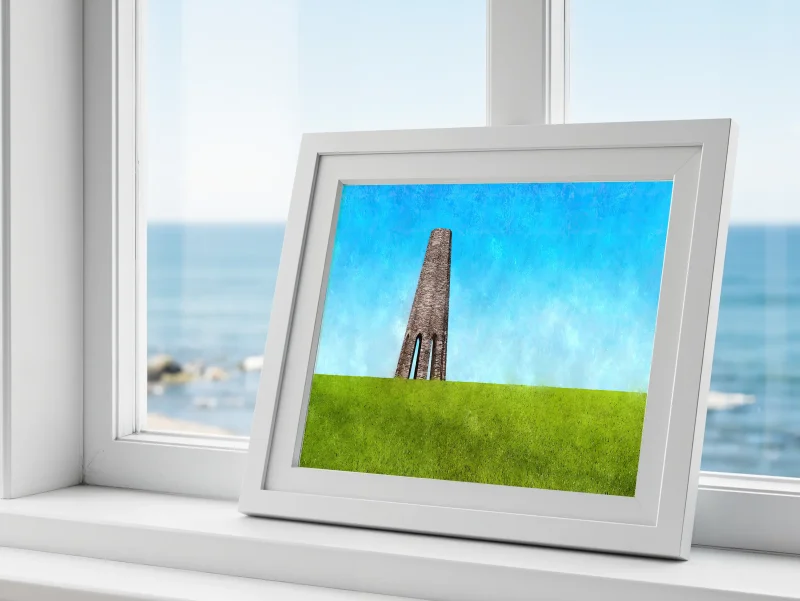 A bold, minimalist view of The Daymark in Devon, a distinctive limestone tower built in 1864 as a navigation aid for ships entering Dartmouth Harbour.. A print by Alex Hamer