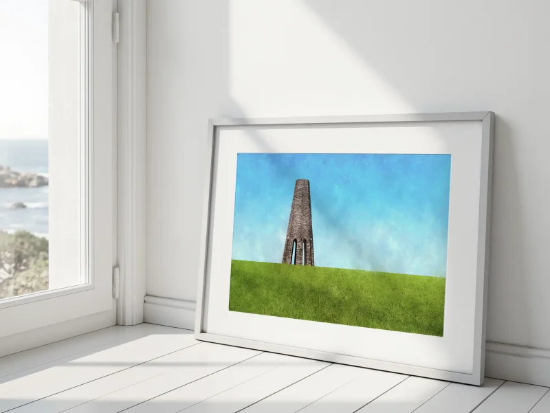A bold, minimalist view of The Daymark in Devon, a distinctive limestone tower built in 1864 as a navigation aid for ships entering Dartmouth Harbour.. A print by Alex Hamer
