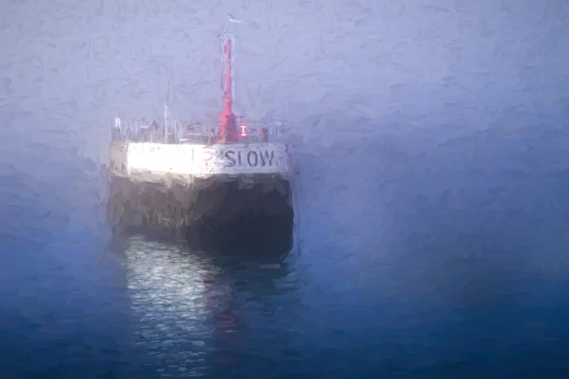 Digitally painted harbour wall in sea fog from an original photo by Charles David