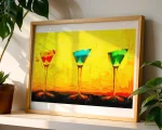 This vibrant artwork celebrates happy hour with three colourful cocktails glowing against a bold yellow backdrop. A digital painting by Charles David