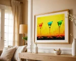 This vibrant artwork celebrates happy hour with three colourful cocktails glowing against a bold yellow backdrop. A digital painting by Charles David