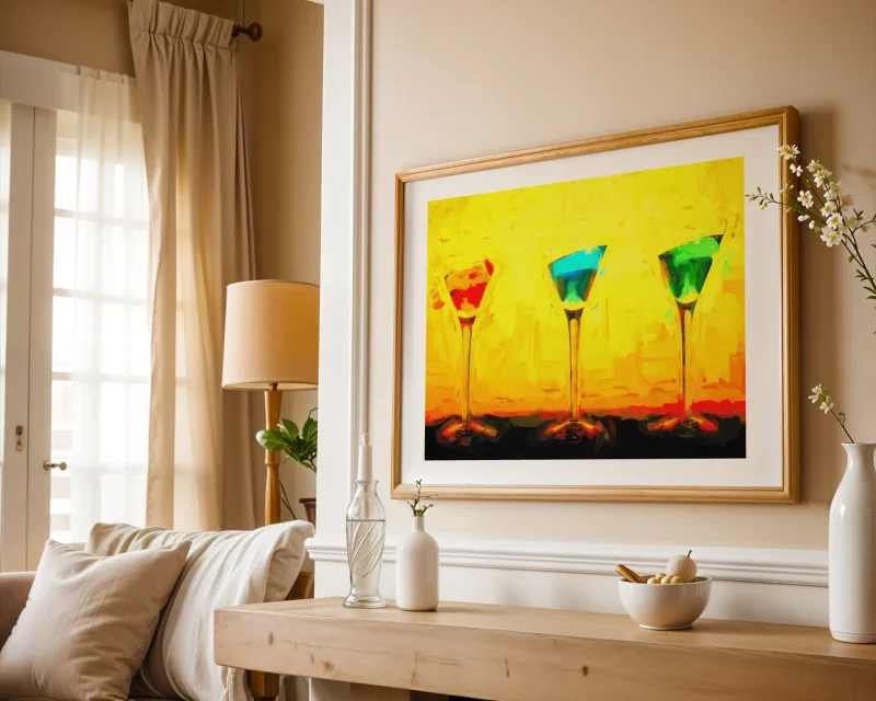 This vibrant artwork celebrates happy hour with three colourful cocktails glowing against a bold yellow backdrop. A digital painting by Charles David