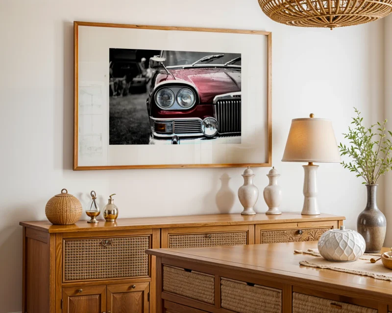 A focused study of the Humber Super Snipe’s front end, showing its vertical chrome grille, twin headlamps and contoured bonnet by artist Charles David