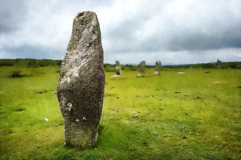 A striking Bodmin Moor scene featuring a single standing stone from the Minions stone circle. A limited edition print by Alex Hamer