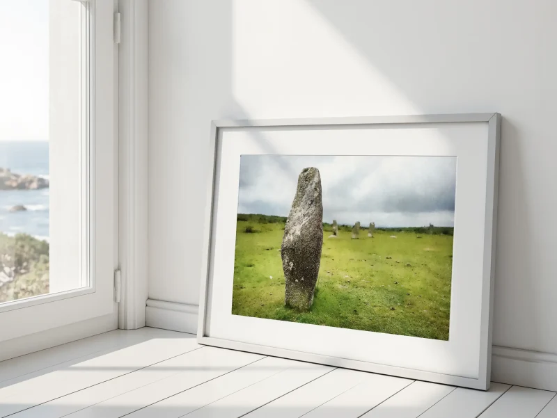 A striking Bodmin Moor scene featuring a single standing stone from the Minions stone circle. A limited edition print by Alex Hamer