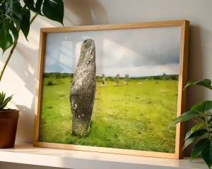 A striking Bodmin Moor scene featuring a single standing stone from the Minions stone circle. A limited edition print by Alex Hamer