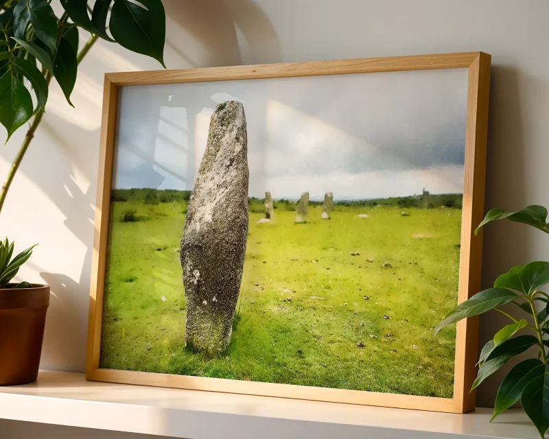 A striking Bodmin Moor scene featuring a single standing stone from the Minions stone circle. A limited edition print by Alex Hamer