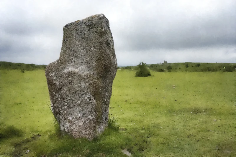 A striking Bodmin Moor scene featuring a single standing stone from the Minions stone circle. A limited edition print by Alex Hamer