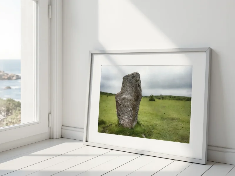 A striking Bodmin Moor scene featuring a single standing stone from the Minions stone circle. A limited edition print by Alex Hamer