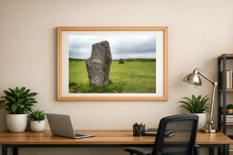 A striking Bodmin Moor scene featuring a single standing stone from the Minions stone circle. A limited edition print by Alex Hamer
