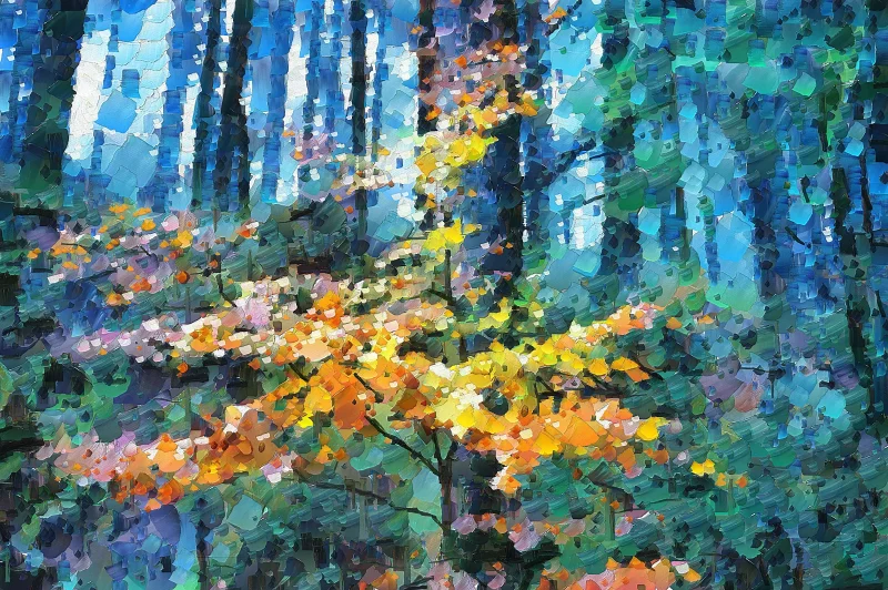 Searching for Sunlight is a beautiful digitally painted impressionist print by Charles David depicting a young saplings search for sunlight in a dense forest