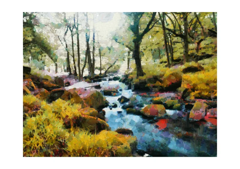 This is the A2 print you will receive. The dark border represents the paper edge only. Morning Light at Golitha Falls on Bodmin Moor Cornwall is an impressionist fine art print by Charles David