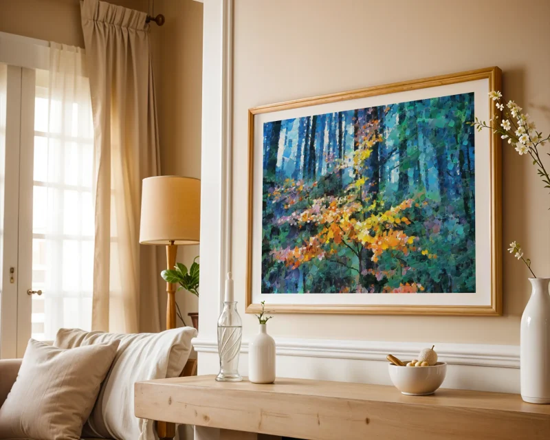 Searching for Sunlight is a beautiful digitally painted impressionist print by Charles David depicting a young saplings search for sunlight in a dense forest