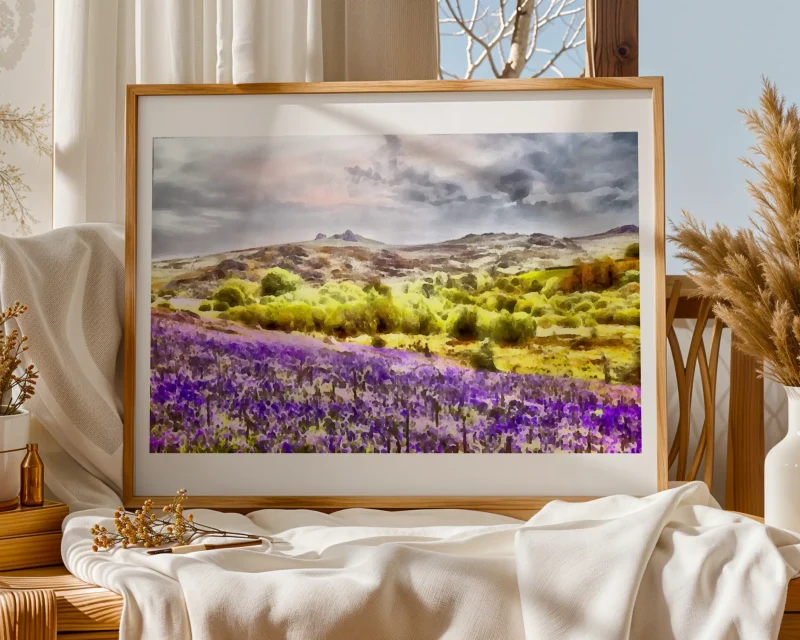 Bluebell wilderness features glorious Dartmoor National Park in a blaze of spring colour. A digital watercolour painting by Charles David