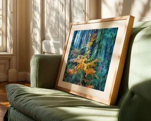 Searching for Sunlight is a beautiful digitally painted impressionist print by Charles David depicting a young saplings search for sunlight in a dense forest