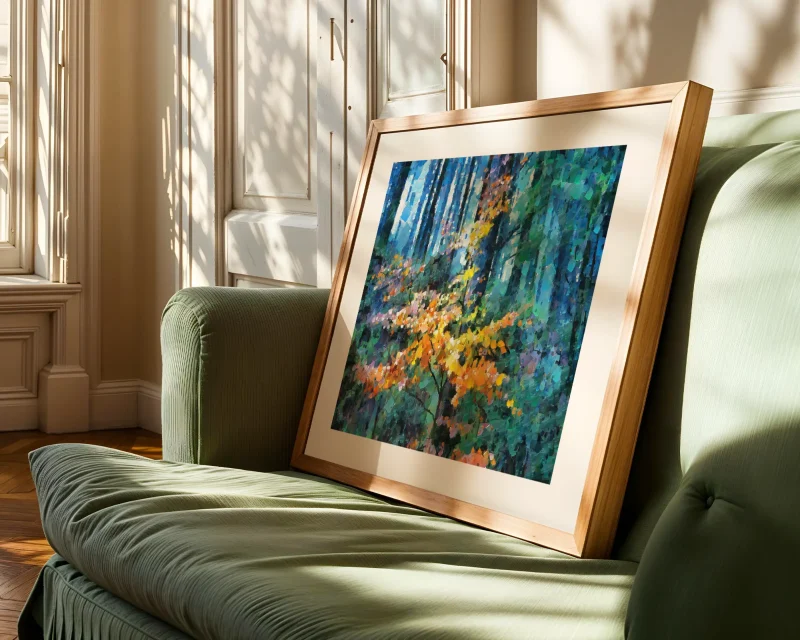 Searching for Sunlight is a beautiful digitally painted impressionist print by Charles David depicting a young saplings search for sunlight in a dense forest