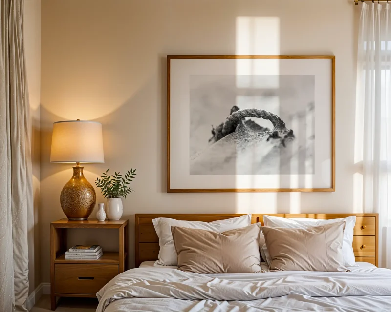 A frayed length of rope emerges from the pale sand, as if the tide had only just revealed it. A print from an original photography by Stuart Chapman