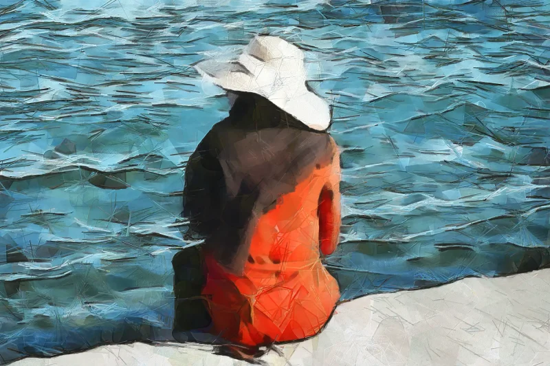 Girl in an Orange Coat is an impressionist painting from an original photograph by Charles David