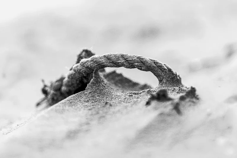 A frayed length of rope emerges from the pale sand, as if the tide had only just revealed it. A print from an original photography by Stuart Chapman
