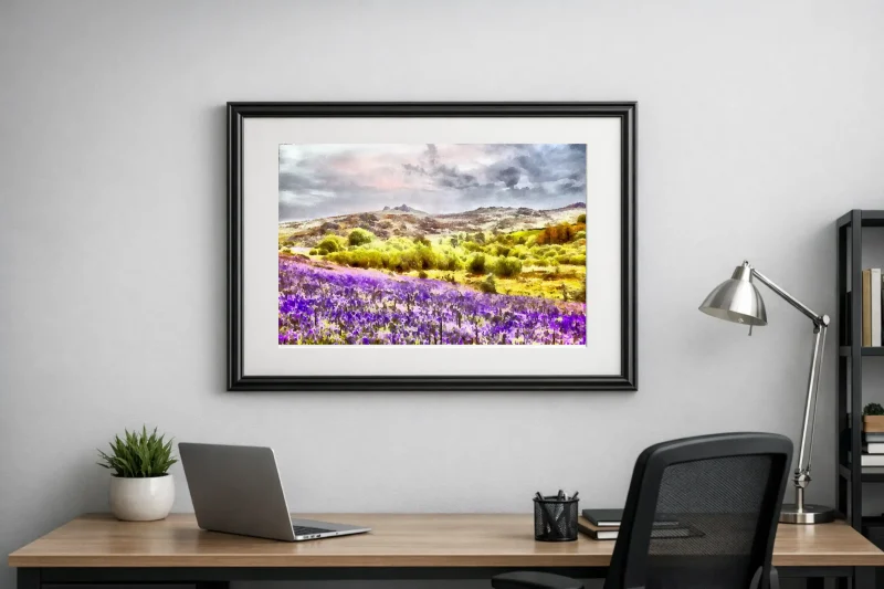 Bluebell wilderness features glorious Dartmoor National Park in a blaze of spring colour. A digital watercolour painting by Charles David