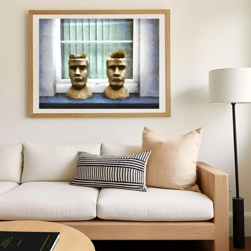 This Romulus and Remus fine art print by artist Charles David depicts twin stone heads on a windowsill — silent, symmetrical, and timeless
