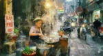 Vietnamese Back Street Kitchen is a fine art print that captures the quiet theatre of Hanoi’s hidden food alleys by Charles David