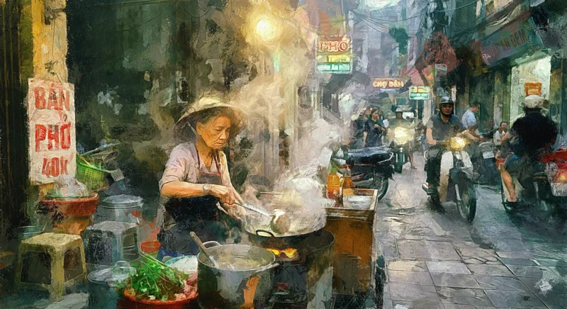 Vietnamese Back Street Kitchen is a fine art print that captures the quiet theatre of Hanoi’s hidden food alleys by Charles David