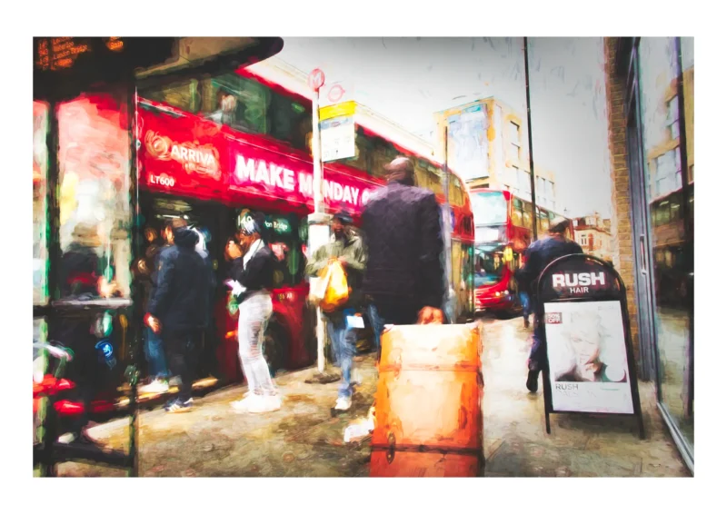This is the A2 print you will receive. The dark border represents the page edge only This impressionist digital painting of Urban City Life – Dalston, London captures the raw pulse of the capital. A print by Charles David