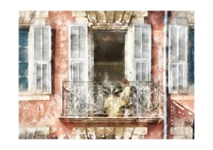 This fine art print, by Charles David called Between Shutters and Silence, captures a quiet balcony moment in Nice.