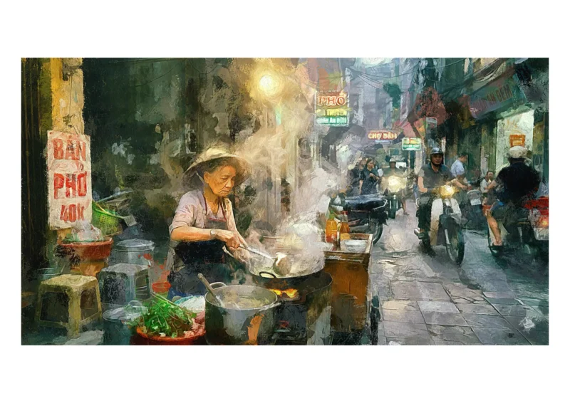 Vietnamese Back Street Kitchen is a fine art print that captures the quiet theatre of Hanoi’s hidden food alleys by Charles David