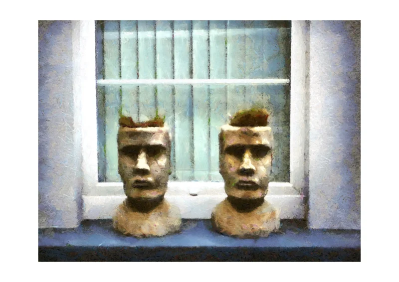 This is the A2 print you will receive. The dark border represents the page edge only Romulus and Remus - Founders of Rome is a fine art print, crafted by artist Charles David, depicts twin stone heads on a windowsill — silent, symmetrical, and timeless