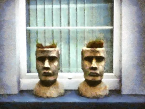 This Romulus and Remus fine art print by artist Charles David depicts twin stone heads on a windowsill — silent, symmetrical, and timeless