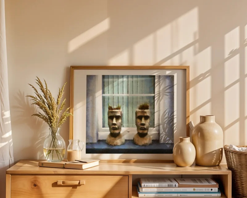 This Romulus and Remus fine art print by artist Charles David depicts twin stone heads on a windowsill — silent, symmetrical, and timeless
