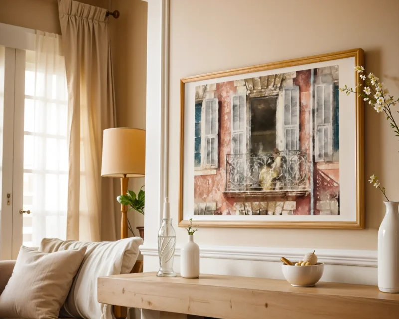 This fine art print, by Charles David called Between Shutters and Silence, captures a quiet balcony moment in Nice.