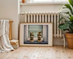 This Romulus and Remus fine art print by artist Charles David depicts twin stone heads on a windowsill — silent, symmetrical, and timeless