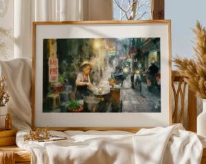 Vietnamese Back Street Kitchen is a fine art print that captures the quiet theatre of Hanoi’s hidden food alleys by Charles David