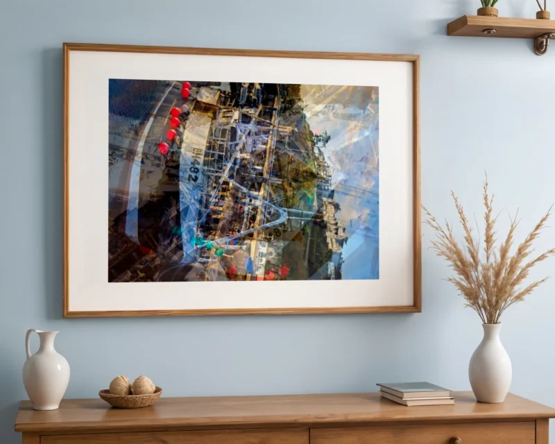 BM482 Distorted Reality, created by Charles David, is an abstract fine art print based on the Brixham BM482 Trawler moored in Torquay harbour