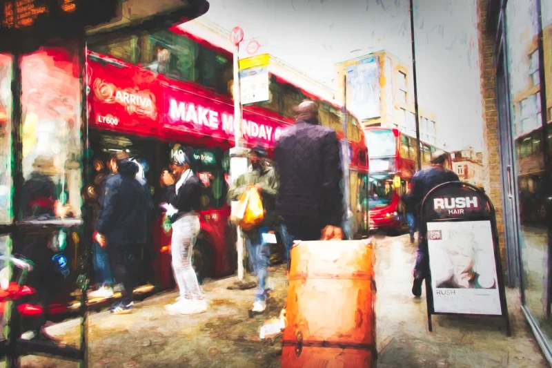 This impressionist digital painting of Urban City Life – Dalston, London captures the raw pulse of the capital. A print by Charles David