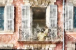 This fine art print, by Charles David called Between Shutters and Silence, captures a quiet balcony moment in Nice.