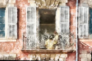 This fine art print, by Charles David called Between Shutters and Silence, captures a quiet balcony moment in Nice.
