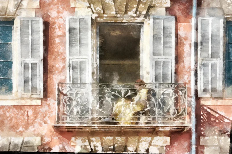 This fine art print, by Charles David called Between Shutters and Silence, captures a quiet balcony moment in Nice.
