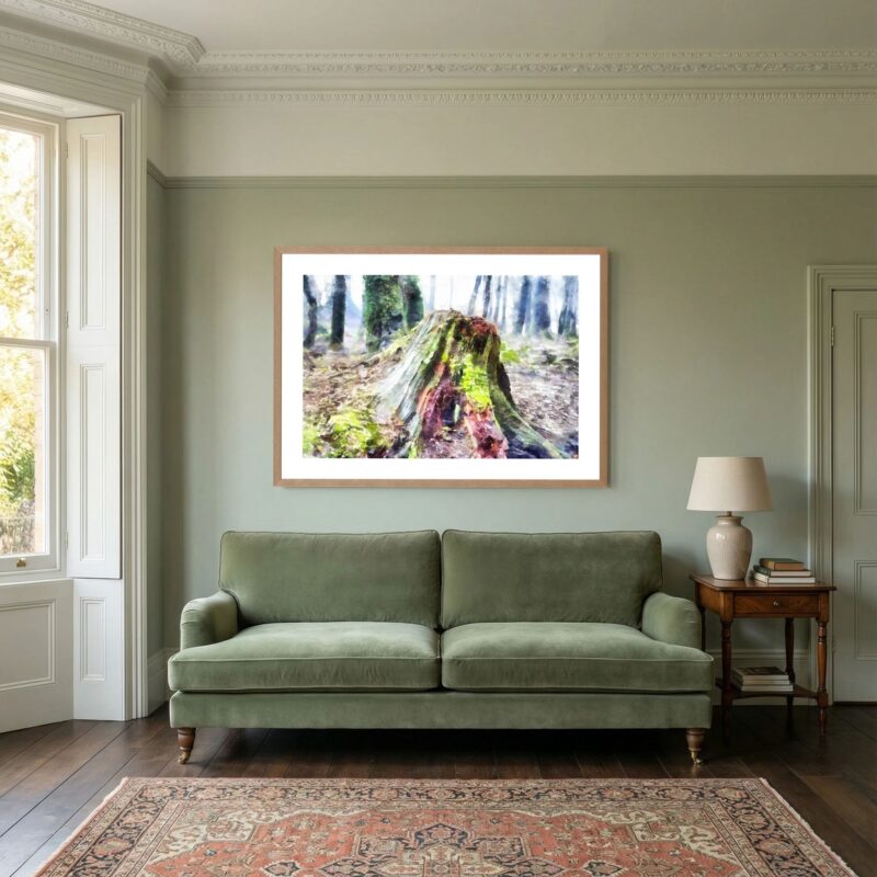 Stumped, Haldon Forest - a natural oak framed print Stumped is a digital watercolour crafted as a fine art wall print by digital artist Charles David | The Creative Camera